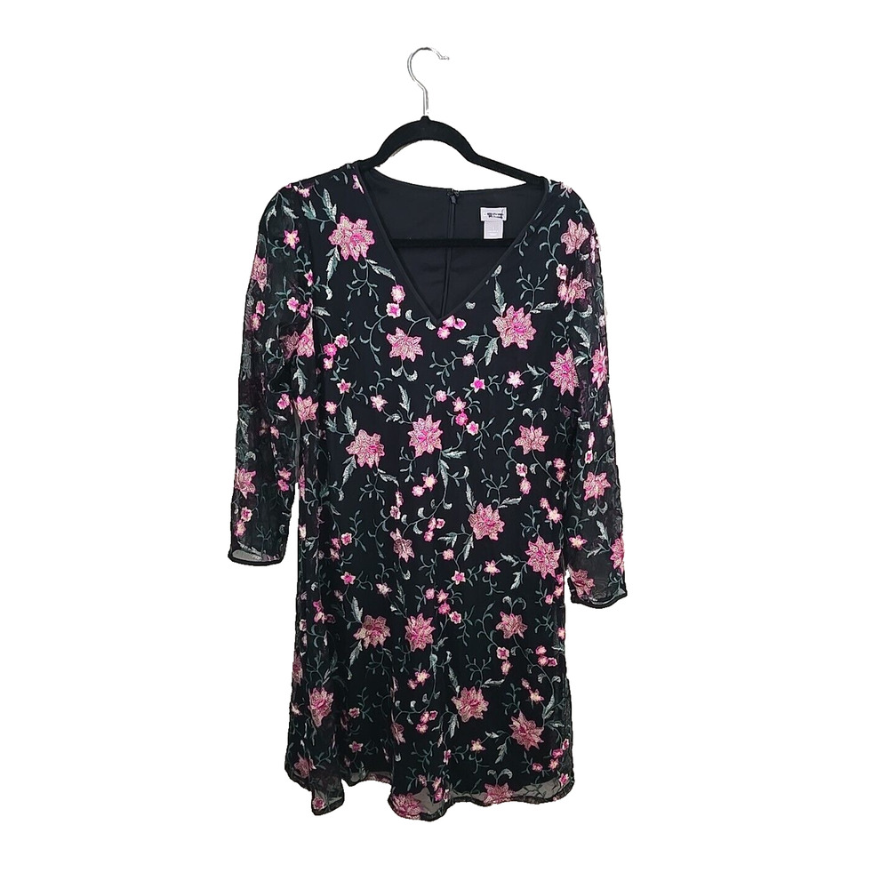 Chico's Floral Embroidered Pink Sheer Long Sleeve Midi Dress Woman Size 1/Medium